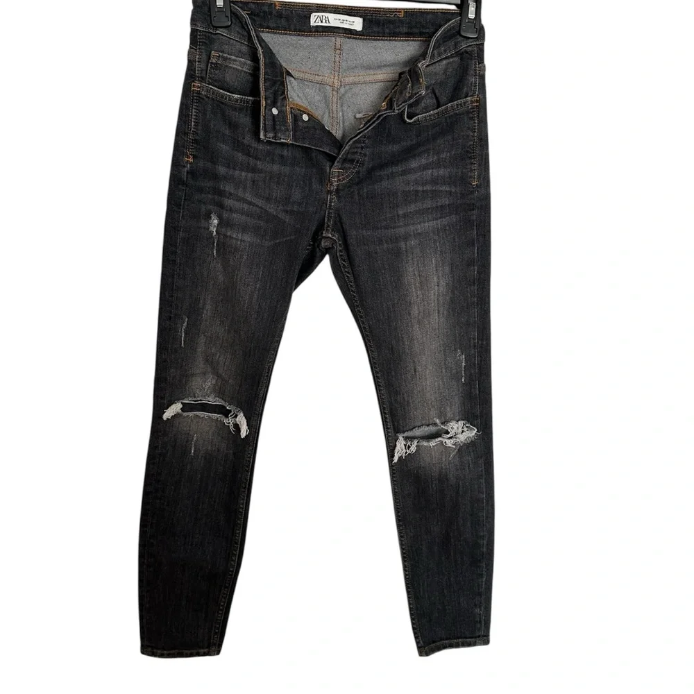 ZARA Distressed Skinny Jeans Size 30 Dark Gray Button Fly High Rise EUC